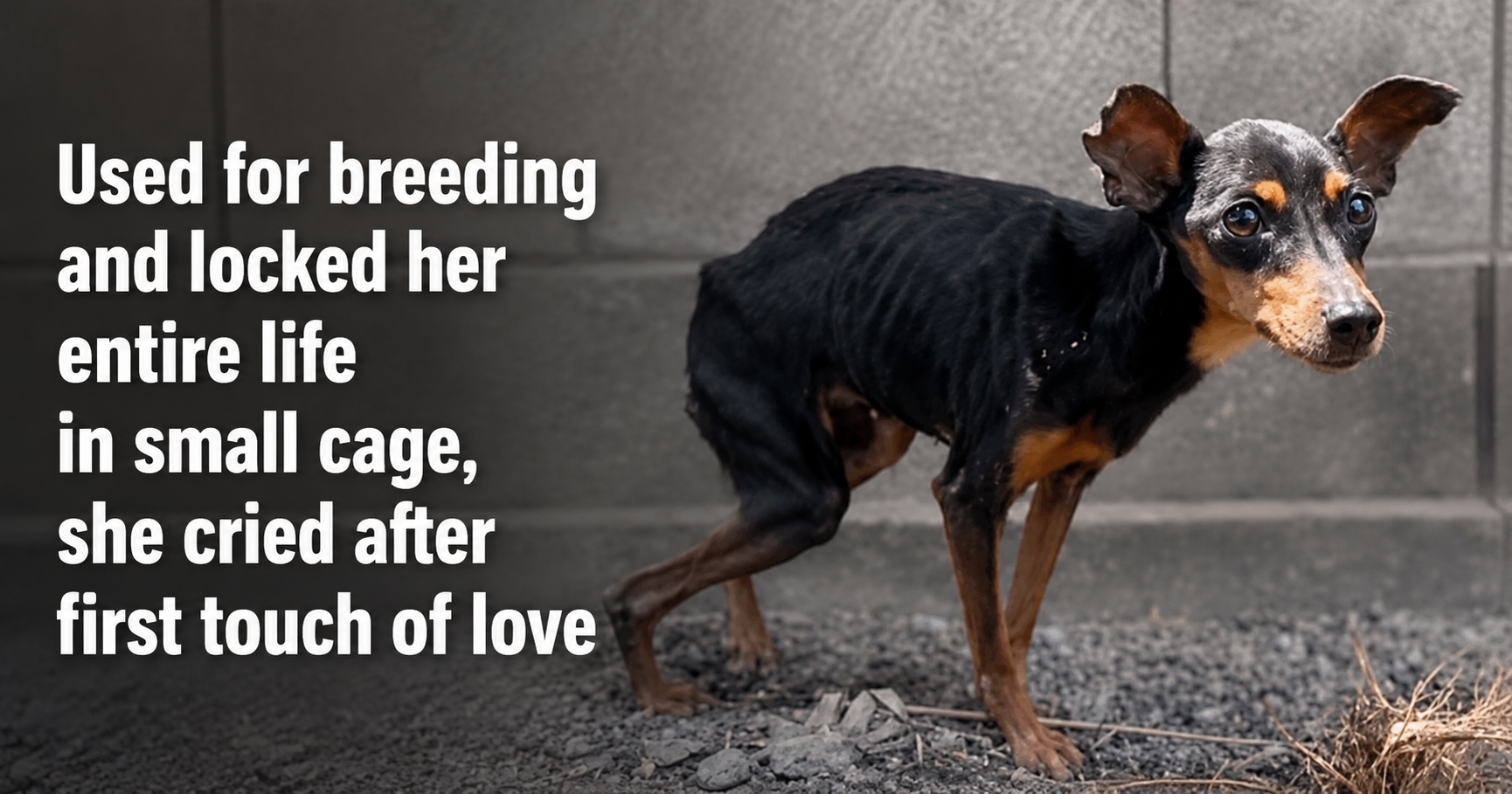 Emaciated black and tan rescue dog standing fearfully after spending her life confined in a small breeding cage.