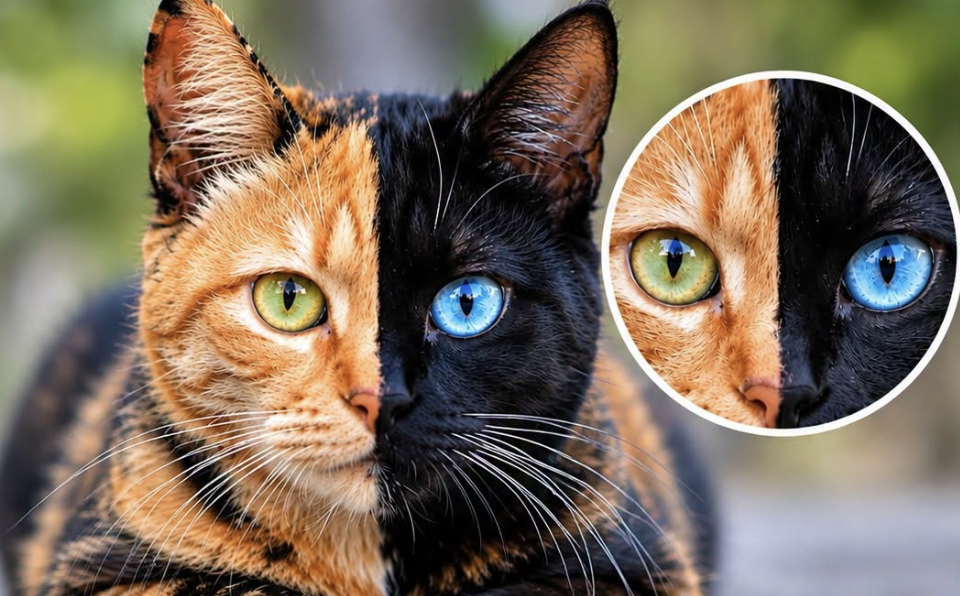 Split-colored cat face illustrating the genetic mystery of chimera cats.