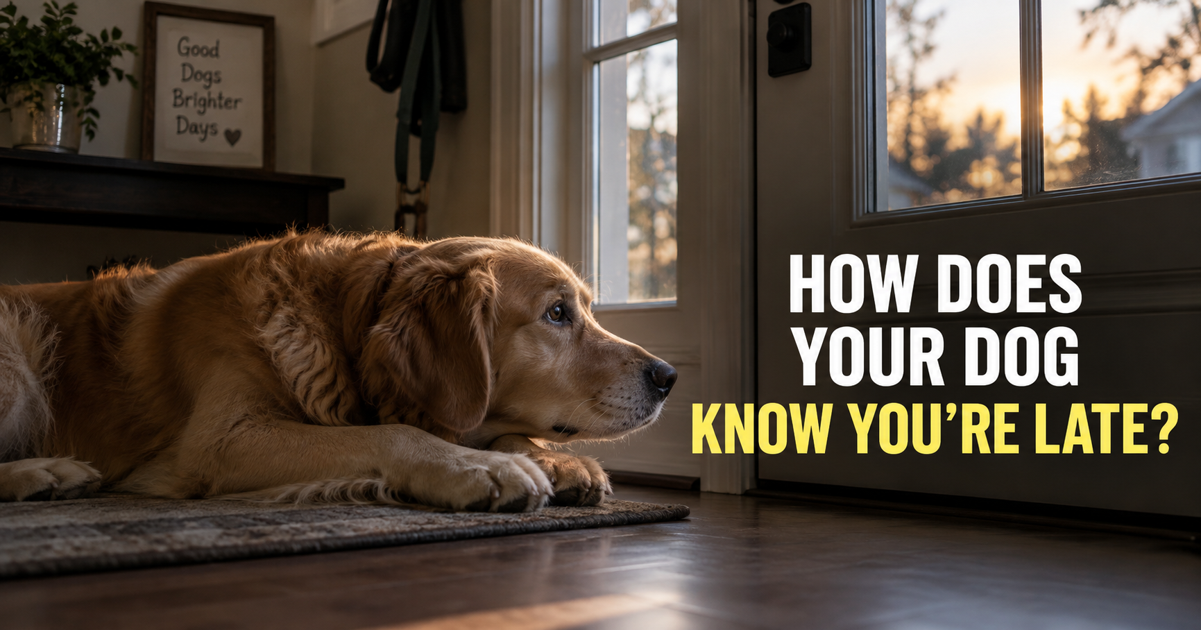 Dog waiting by the front door for its owner to come home.