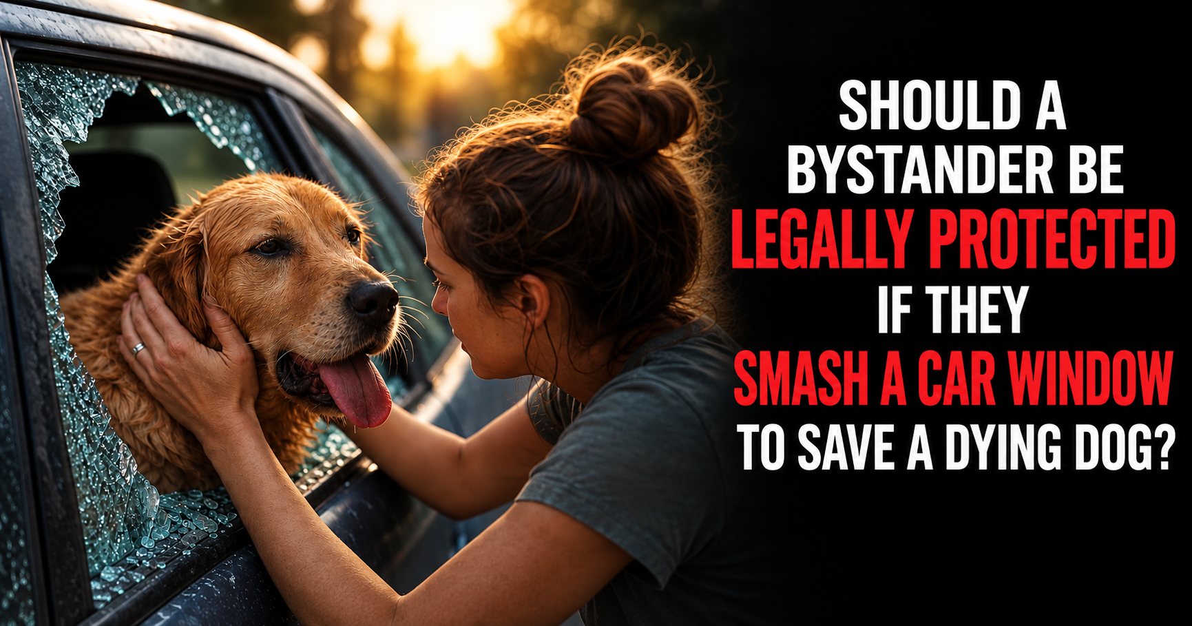 Dog trapped inside a hot parked car while a concerned bystander considers how to help.