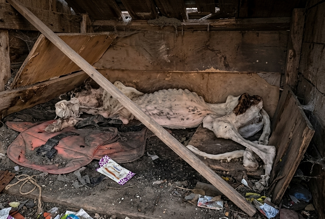 Extremely thin abandoned dog lying among garbage in a backyard before being rescued